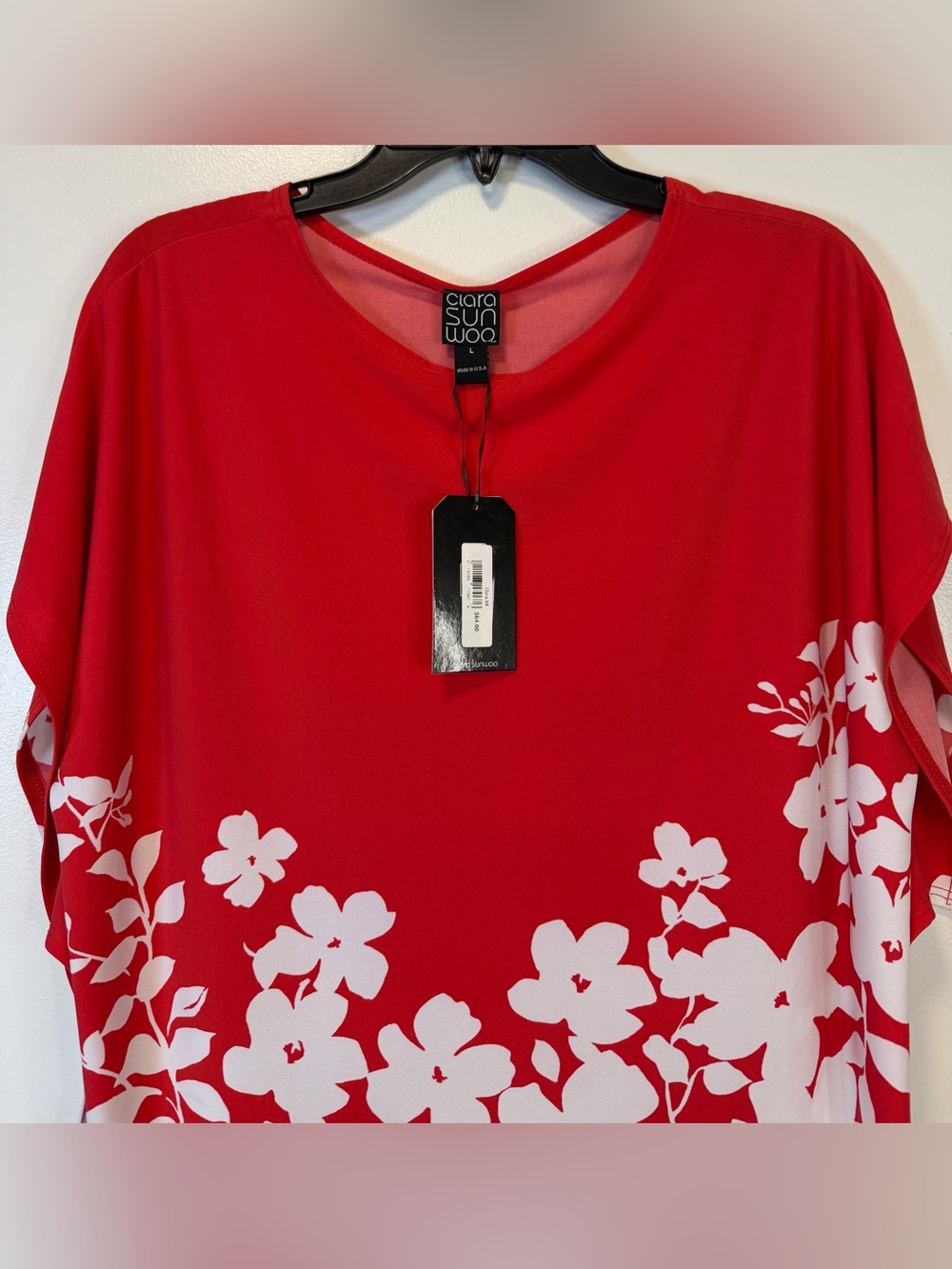 Clara Sun Woo Red Short-Sleeve Top White Floral Border Cottagecore Women’s Large - Picture 2 of 6